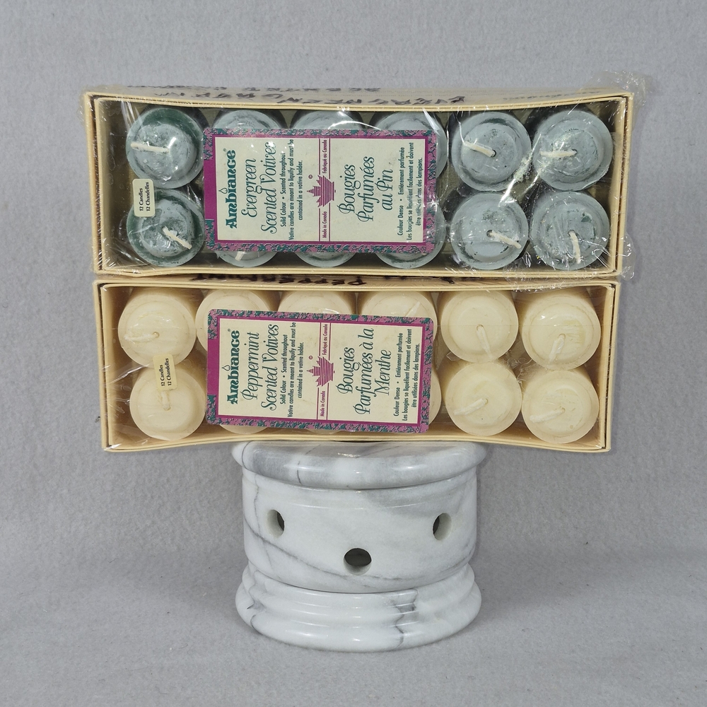 Vintage White & Gray Marble Candle Holder – Votive / Tea Light – with 24 Can